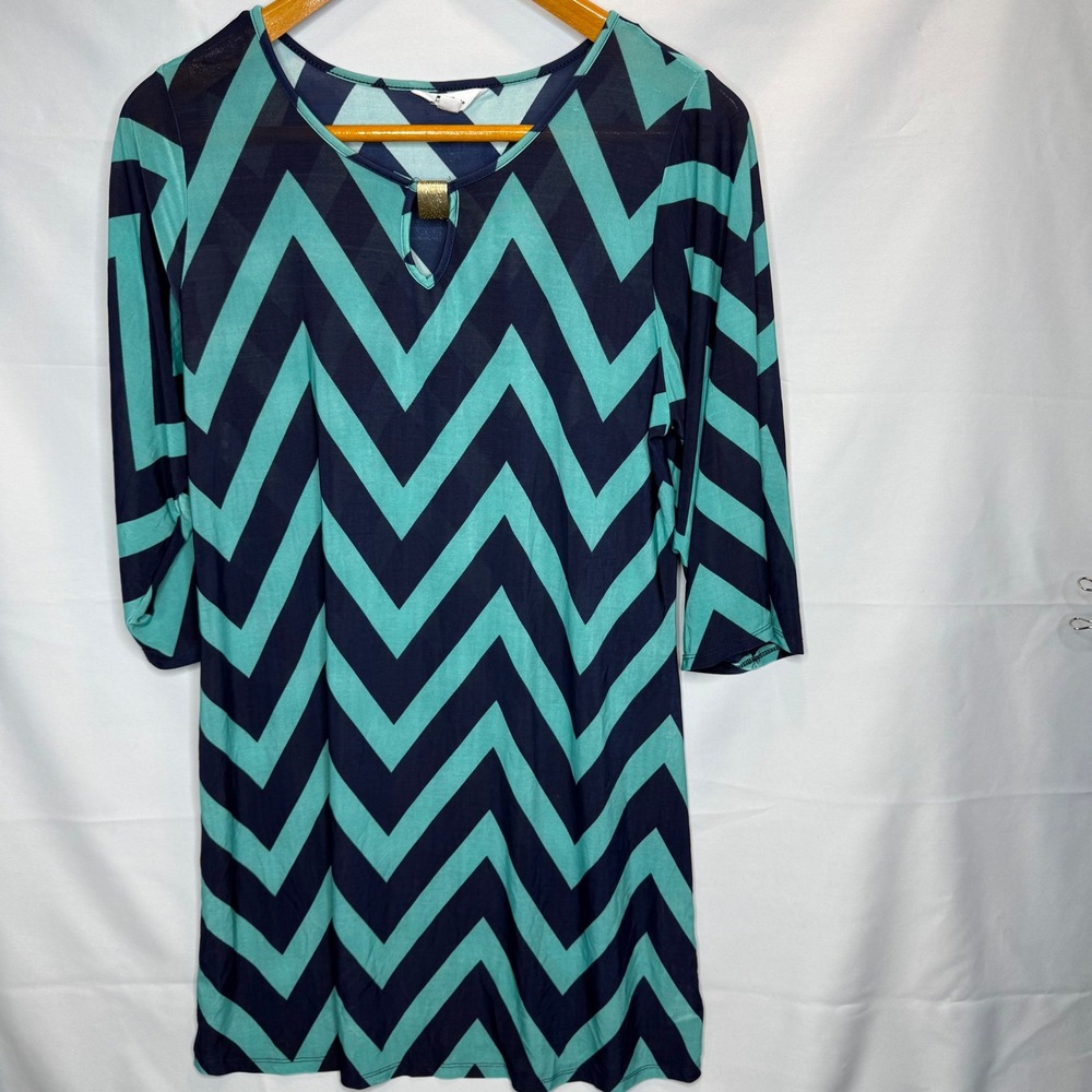 5th & Love Teal Navy Chevron Keyhole Tunic dress 3/4 Sleeve XL
